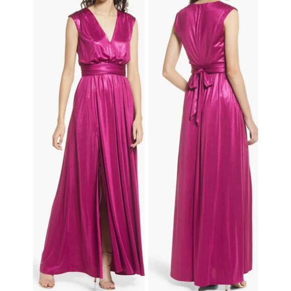 Dress the Population Dresses & Skirts - Dress The Population Krista Plunge Neck Side Slit Gown Dress Maxi Prom Magenta L